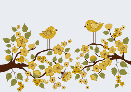 Card with cute birds on branches with flowers and leafsのイラスト素材