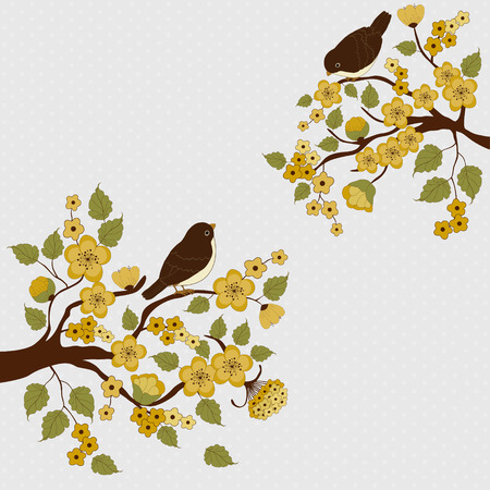 Card with cute birds on branches with flowers and place for textのイラスト素材