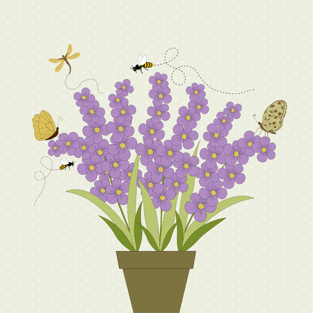 Cute mauve flowers and insectsのイラスト素材