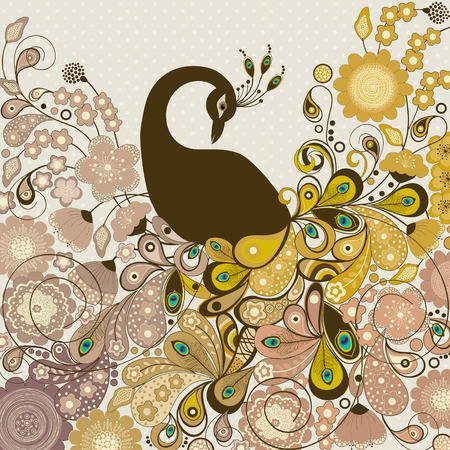 Card with stylized  beautiful peacock with flowersのイラスト素材
