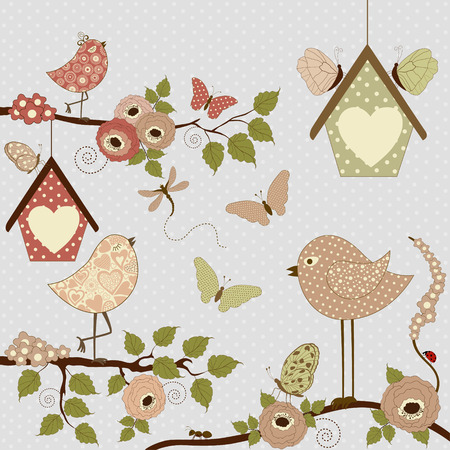 Card with flowers and stylized birds and butterfliesのイラスト素材