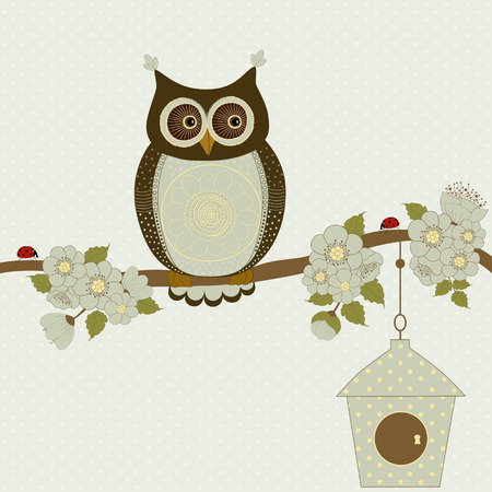 Cute owl on a floral branch with birdhouse and place for textのイラスト素材