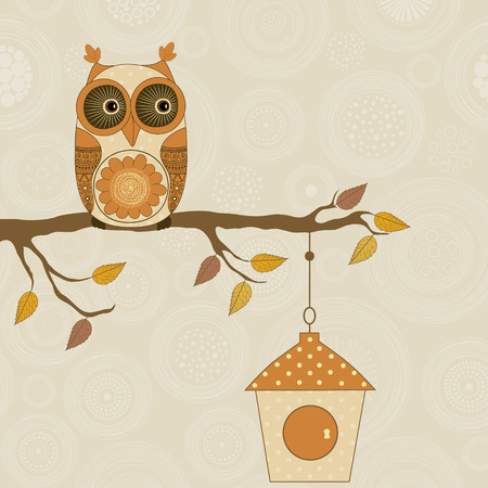 Cute stylized owl on branch with birdhouse and place for textのイラスト素材