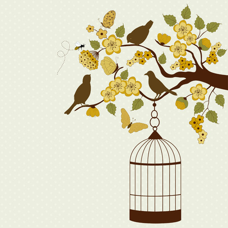Bird cage hanging from floral branchのイラスト素材