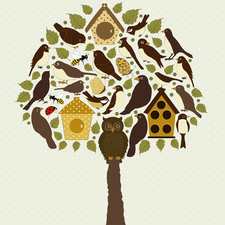 Stylized tree with birds and birdhouseのイラスト素材