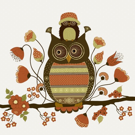 Cute stylized ornamental owls on floral branchのイラスト素材