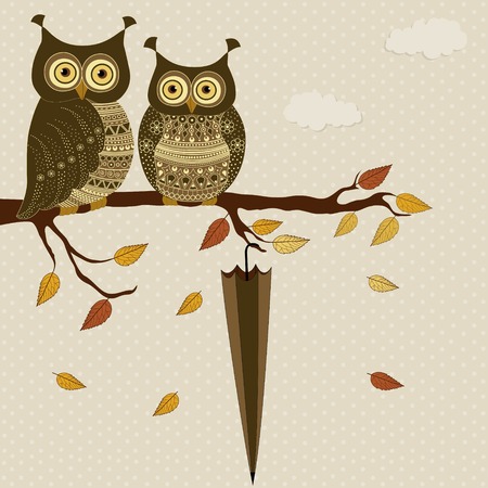 Cute stylized owls on branch with umbrellaのイラスト素材