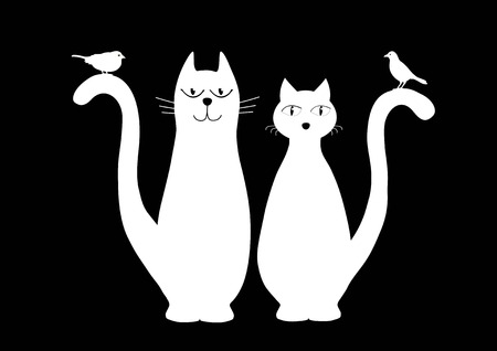 Two cute white cats and birds on black backgroundのイラスト素材