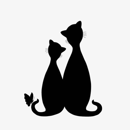 Pair of black cats and butterfly on white backgroundのイラスト素材