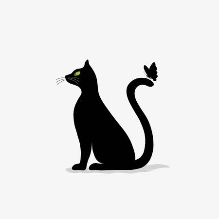Stylized black cat with butterfly on white backgroundのイラスト素材