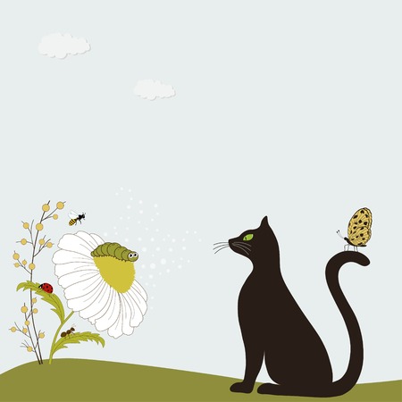 Cute cat with chamomile and insectsのイラスト素材