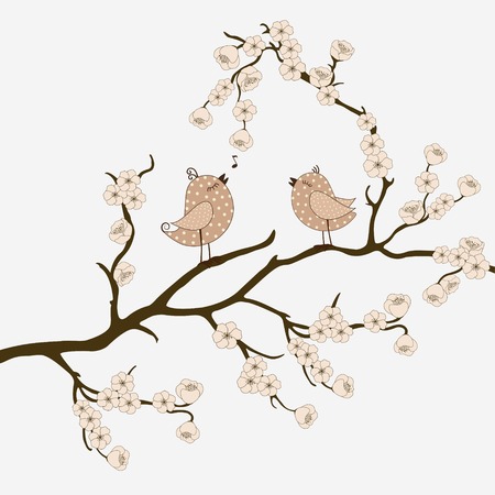 Cute birds on branch with flowersのイラスト素材