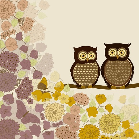 Cute cartoon pair of owls on branch with flowersのイラスト素材