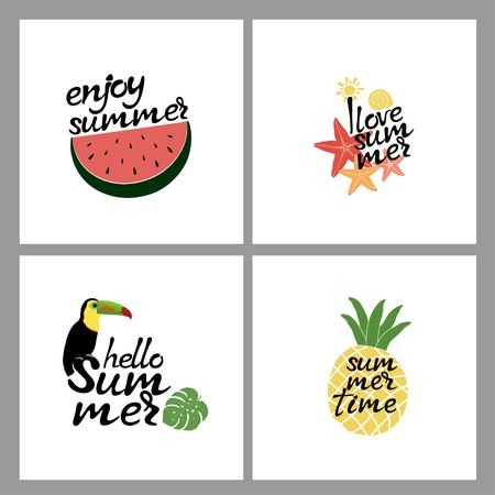 Four cards with summer inscriptions. Hand drawn letteringのイラスト素材