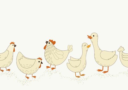 Seamless pattern with cute cartoon farm birds on white backgroundのイラスト素材