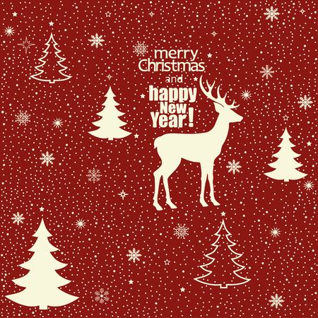Christmas greeting card with deer on red backgroundのイラスト素材
