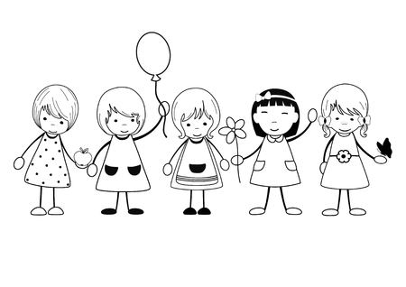 Cute happy cartoon girls on white backgroundのイラスト素材