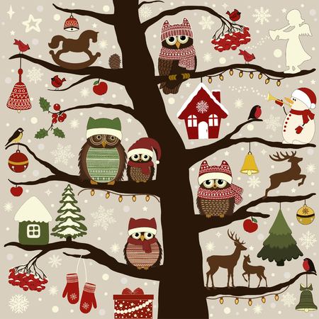 Greeting card with tree and Christmas birds, and Christmas elementsのイラスト素材