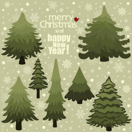Christmas card with stylized Christmas trees on green backgroundのイラスト素材
