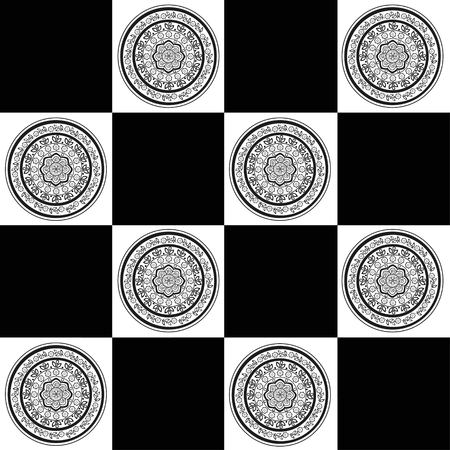 Chess board seamless pattern. Black and white squares with mandalasのイラスト素材