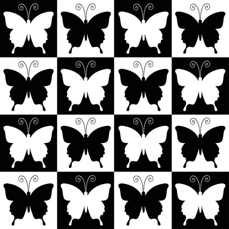 Chess board seamless pattern. Black and white squares with butterfliesのイラスト素材