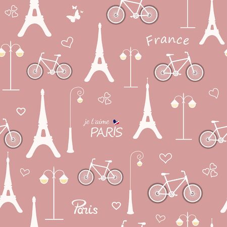 Seamless pattern with hand drawn french design elements on pink backgroundのイラスト素材