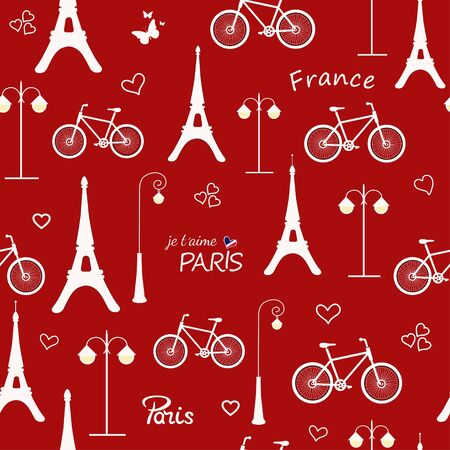 Seamless pattern with hand drawn french design elements on red backgroundのイラスト素材
