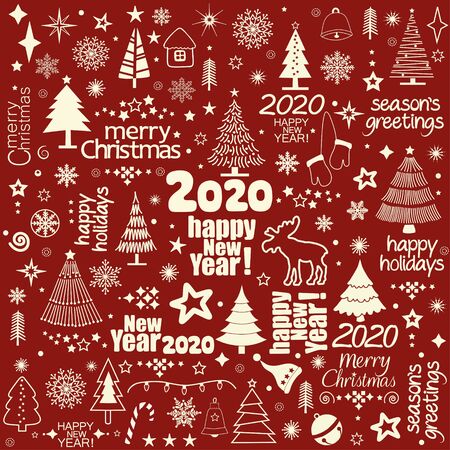 Christmas greeting pattern with holiday inscriptions and elements  on red backgroundのイラスト素材