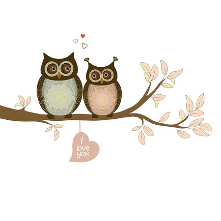Cute owls in love. Happy Valentine's Day greeting cardのイラスト素材