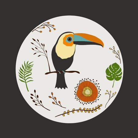 llustration with cute cartoon toucan on a branchのイラスト素材