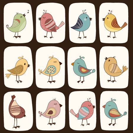 Cute pattern with cartoon colorful birds in squaresのイラスト素材