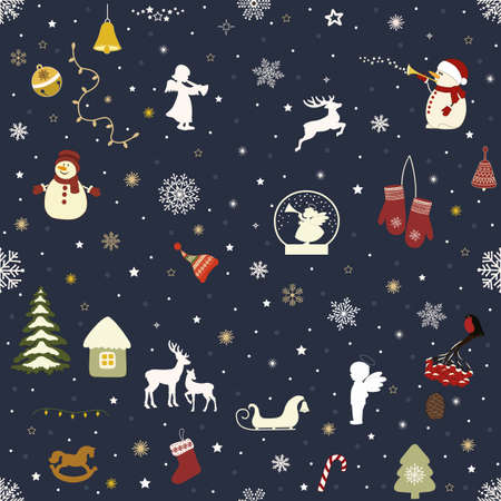 Greeting seamless pattern with Christmas elements on blue backgroundのイラスト素材