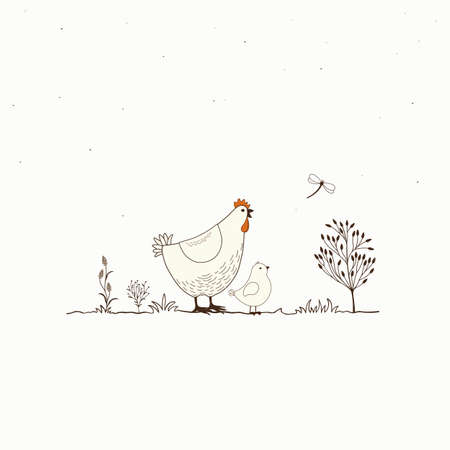 Illustration of funny cartoon chickens and butterfly on white backgroundのイラスト素材