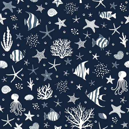 Marine seamless pattern with fishes and conchs and starfishes on blue backgroundのイラスト素材