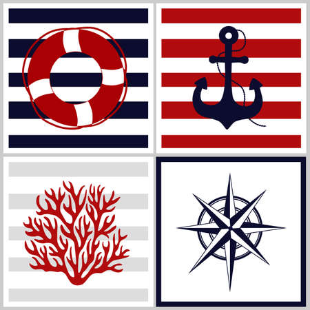 Four patterns with marine elements. Decoration illustration.のイラスト素材