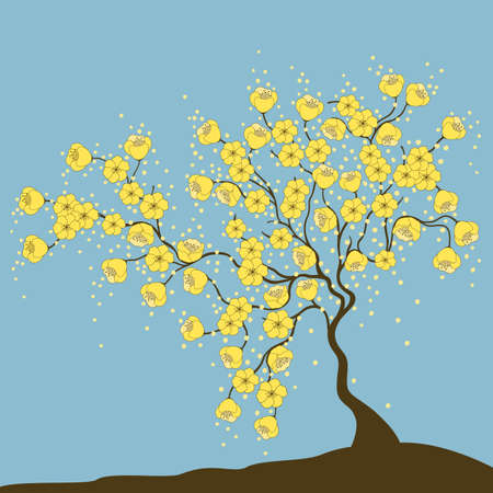 Cute tree with yellow flower pattern on a blue background. Illustration in the colors of the Ukrainian flagのイラスト素材
