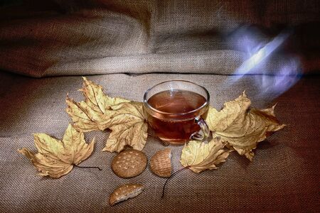 cup of tea with varm kukies and autumn leafage HDRの写真素材