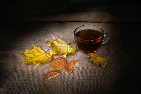 leafage autumn with hot tea in glass cupの写真素材