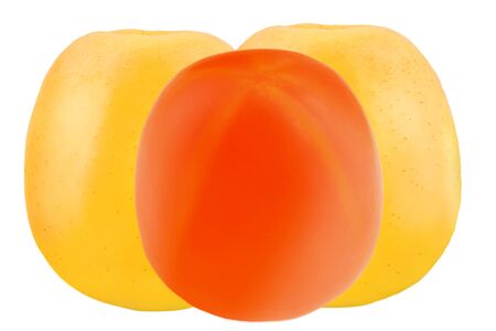 Yellow apples and persimmon isolated on whiteの写真素材
