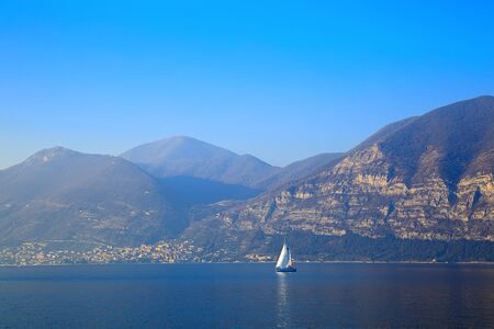 Panoramic view on sunset with sailing yachts.の写真素材