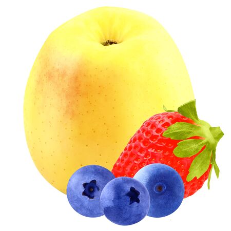 Isolated fruit. Fruit blueberries Strawberries and Apple isolated on white background as package design element. Healthy eating.の写真素材