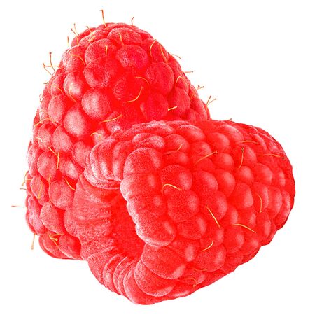 Isolated raspberry. Two raspberries on white background as package design element. Healthy eating.