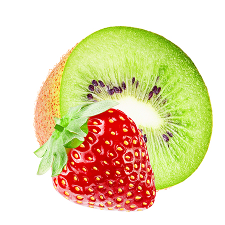 Isolated fruits. Cut kiwi and strawberry fruits isolated on white background with clipping path as packaging design element.の写真素材