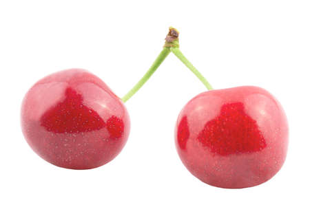 Isolated fruits. Two cherries isolated on white background with clipping path as package design...