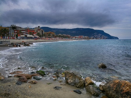 Pebble beach and blue sky on backgroundの写真素材