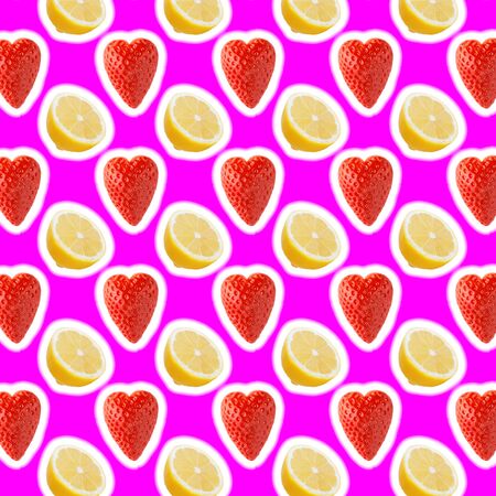 seamless food pattern with fresh slice lemon and strawberries on pink background