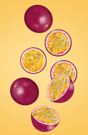 Flowing maracuja fruit isolated on white background with shallow depth of fieldの写真素材