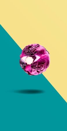 Vegetables suspended in mid air against two-tone backgroundの写真素材