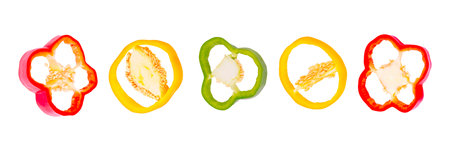 Isolated set. Five slices of pepper vegetables on white background  as package design element.の写真素材