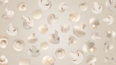 Whole champignon mushrooms pattern on color background. Minimal flat lay food textureの写真素材